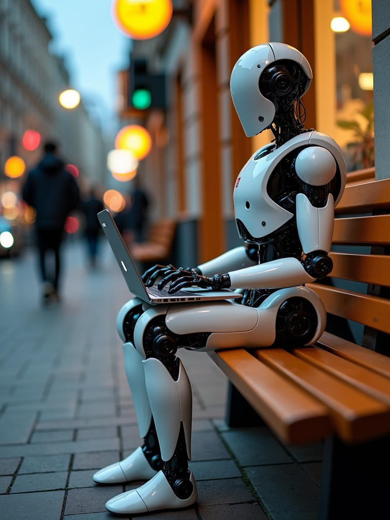 A humanoid robot is sitting on a bench using a laptop on a city street.