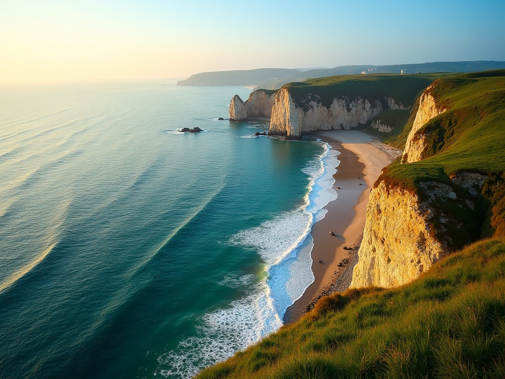 This image provides a wide-angle view of Denmark’s scenic coastline. The clear blue waters gently lap against soft waves on the shore. Lush green cliffs tower majestically over the pristine beach. Bathed in warm golden hour light, the scene evokes a sense of peace and serenity. This idyllic environment epitomizes the beauty of nature and highlights the importance of environmental sustainability.