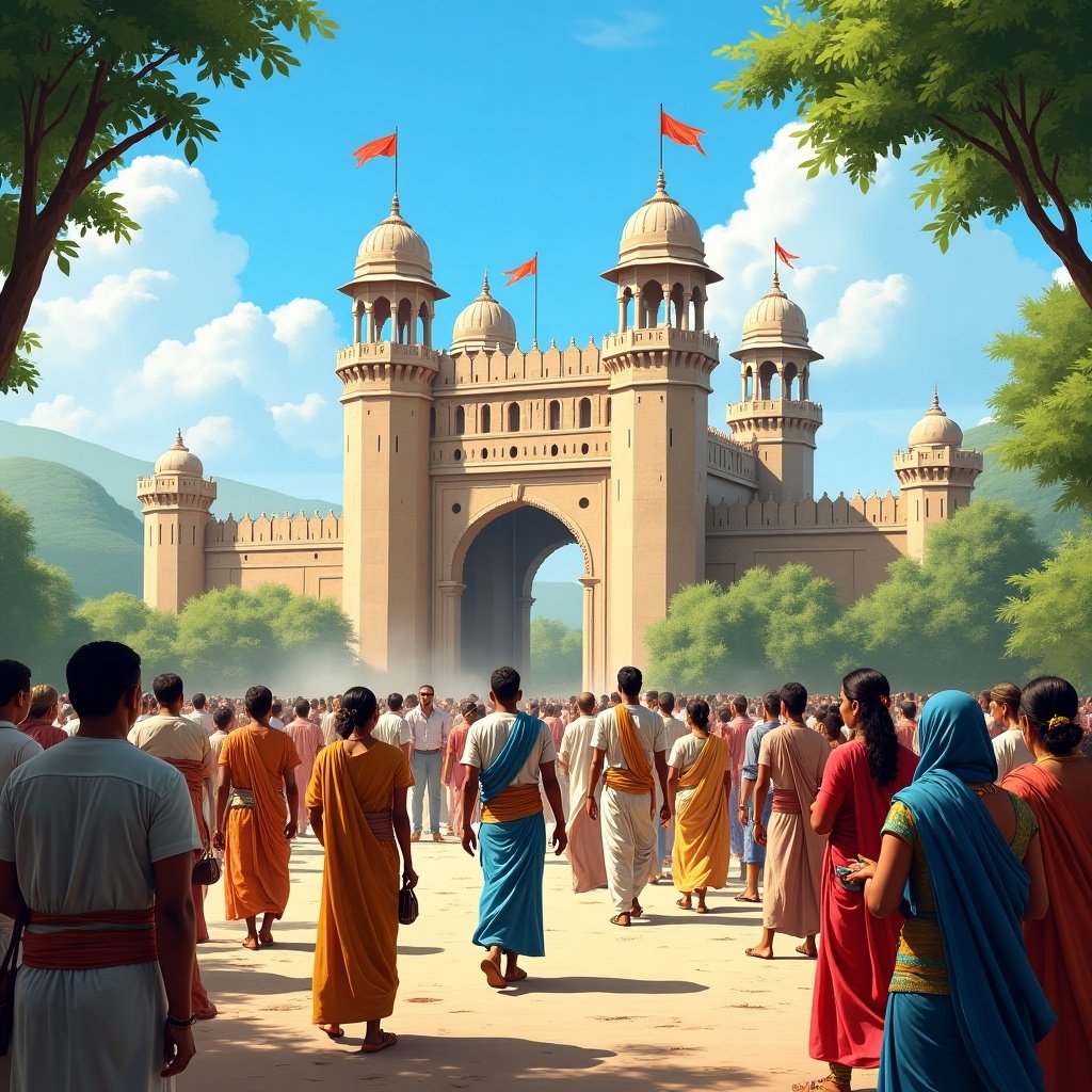 Vibrant scene from Maratha Empire features people gathering in front of grand castle with tall towers and flags under bright blue sky. Men and women in traditional attire walk towards castle engaged in conversation. Landscape lush with greenery reflecting lively atmosphere.