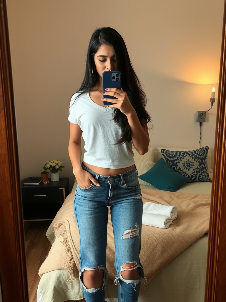 A person taking a mirror selfie wearing a white top and ripped jeans in a cozy bedroom setting.