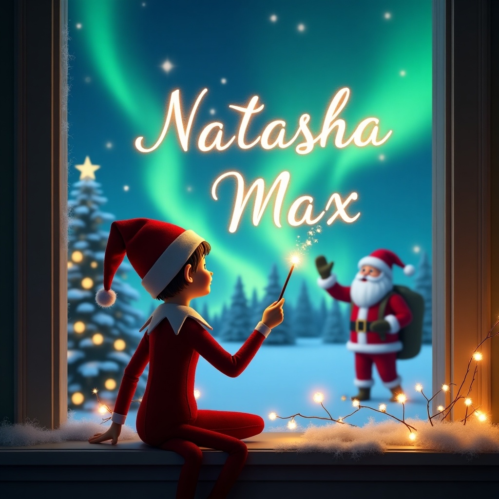 The scene depicts an elf on the shelf sitting by a window, looking out at a magical Christmas landscape. The elf has his back to the viewer, gazing up at the northern lights in the sky. He is using a magic wand to elegantly write the names 'Natasha' and 'Max' in sparkling letters. In the background, Santa Claus is visible, adding to the holiday cheer. The setting is adorned with snow-covered trees and twinkling lights, encapsulating the spirit of Christmas. The atmosphere is enchanting and festive, perfect for celebrating the season.