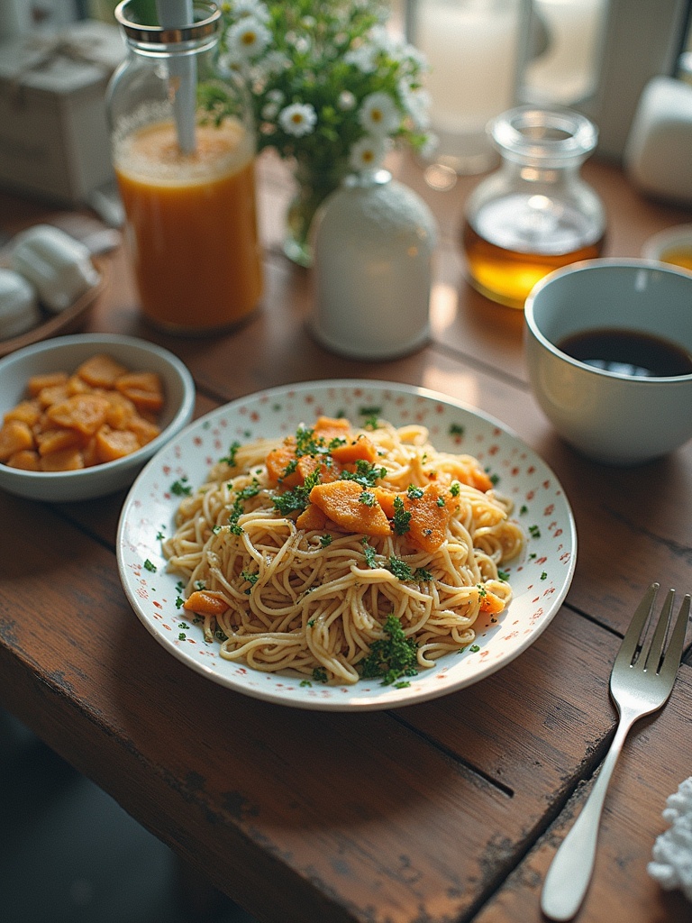 A plate of pasta with orange sauce and garnished with parsley. Accompanying drinks and side dishes are on the table. Soft natural light enhances the scene.