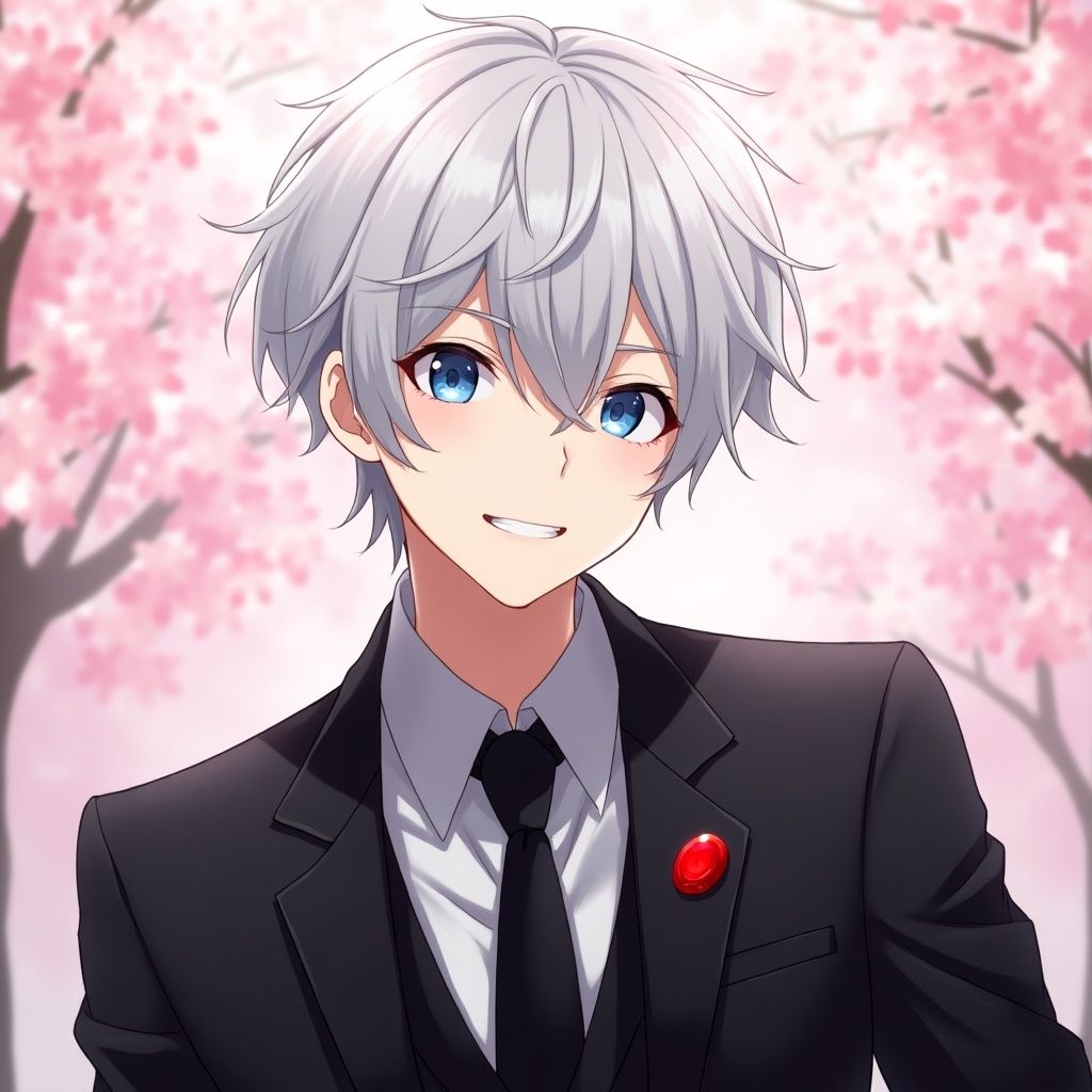 Image features a stylish young male character with silver hair and blue eyes. He wears a sleek black suit and a black tie. A red gem is pinned to his lapel. The background shows blurred cherry blossoms in pinkish hues. The character smiles subtly.