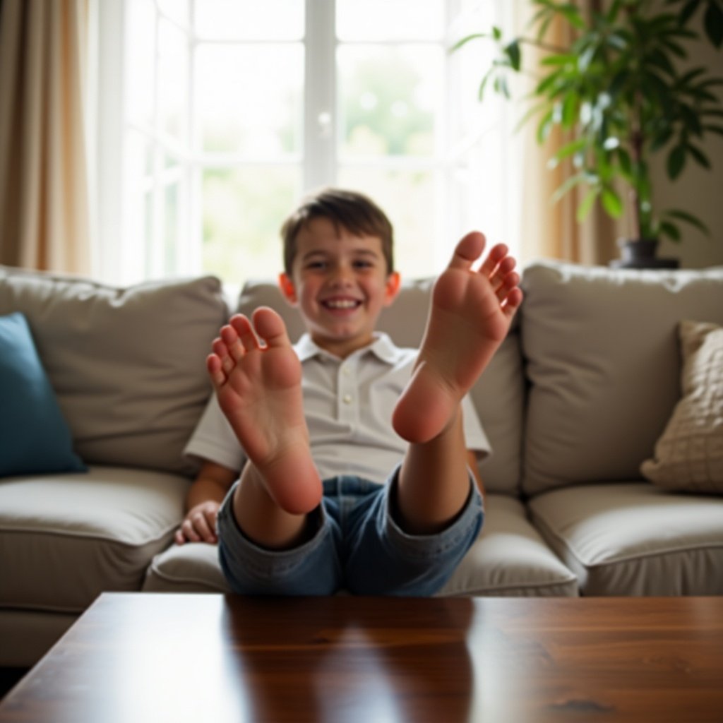 A boy puts his bare feet up on a coffee table. The boy is smiling while sitting comfortably on a couch. Sunlight streams through the window creating a warm atmosphere.