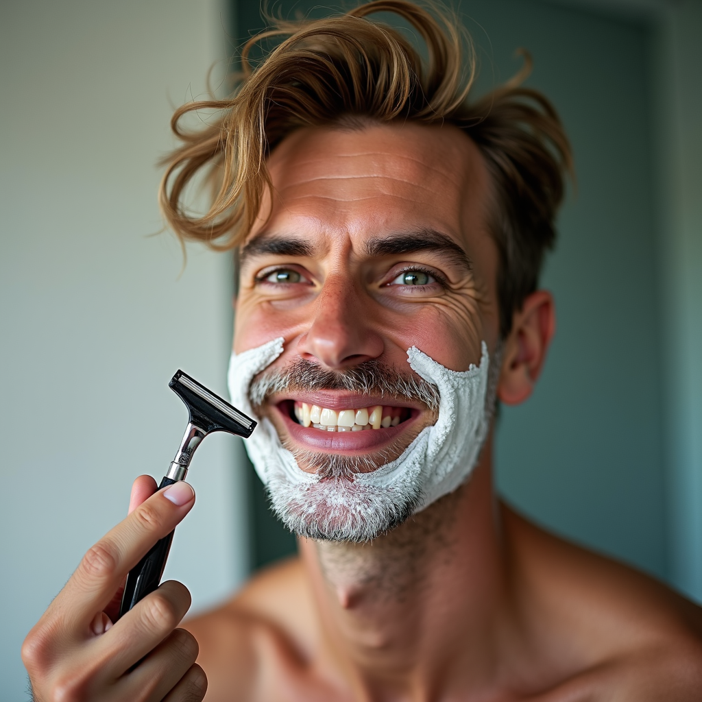 A smiling man applies shaving cream, holding a razor in a playful morning routine.