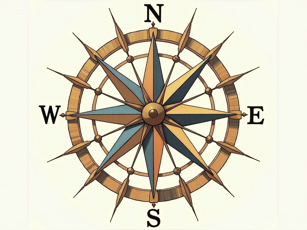 This image represents a classic compass rose, commonly used in navigation and maps. It features eight points: North, Northeast, East, Southeast, South, Southwest, West, and Northwest. The design is embellished with a combination of color and detail, highlighting the geographical directions. The compass emphasizes its significance in travel and exploration, serving as a guide to adventurers. The intricate design and choice of colors give it an artistic and historical feel.