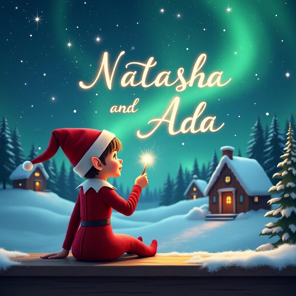 An elf sits on a wooden ledge gazing at a magical sky. The elf wears a red outfit with a pointed hat and holds a sparkling wand. The elf writes 'Natasha' and 'Ada' in the starry sky. The background has a snowy landscape, little houses, and evergreen trees under the Northern Lights. The scene captures childhood magic and Christmas cheer.