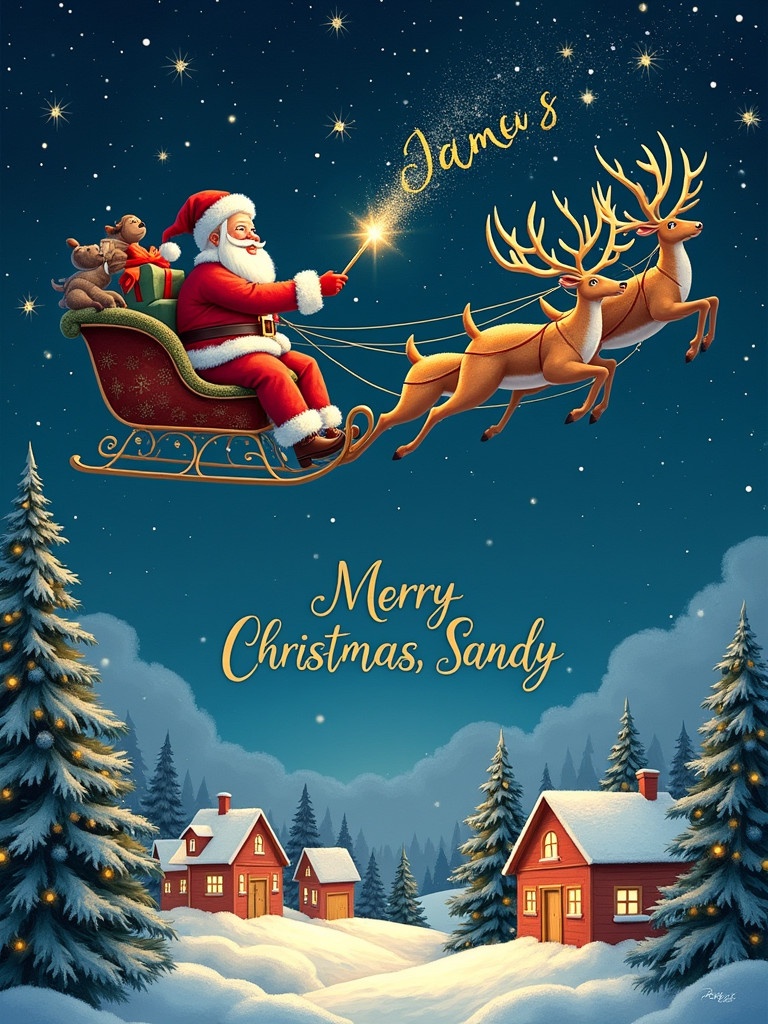 Christmas card scene. Santa Claus in a sleigh. Reindeer flying in the night sky. Santa writes the name 'James' in gold. Snow-covered town with Christmas lights and trees. Elegant text 'Merry Christmas, Sandy!' in the corner. Vibrant and enchanting details. 