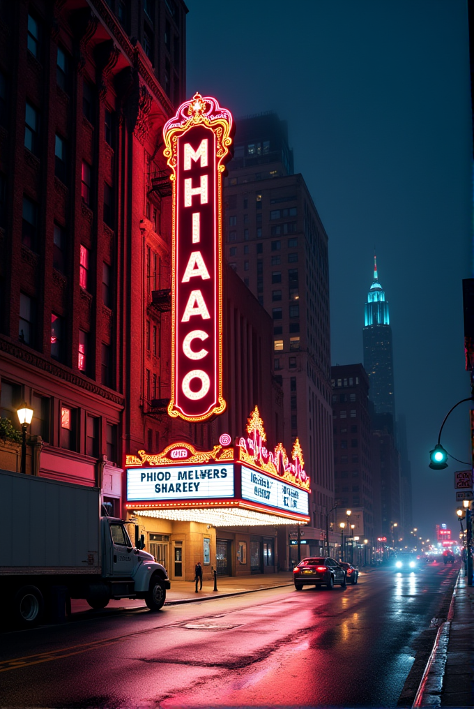 A city street at night features a brightly lit theater with neon signs and a distant glowing skyscraper.