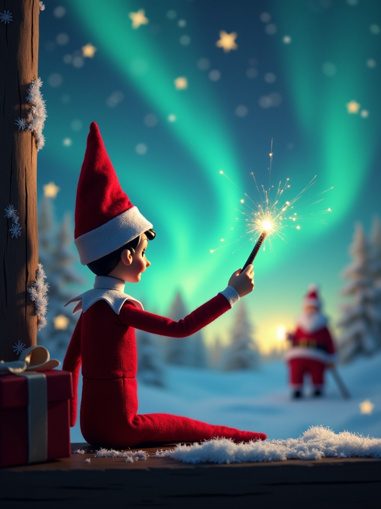 An elf on the shelf is facing the sky. The elf uses a wand to write a message in the sky. Magical Christmas background features northern lights and Santa. Snow-covered ground surrounded by presents.