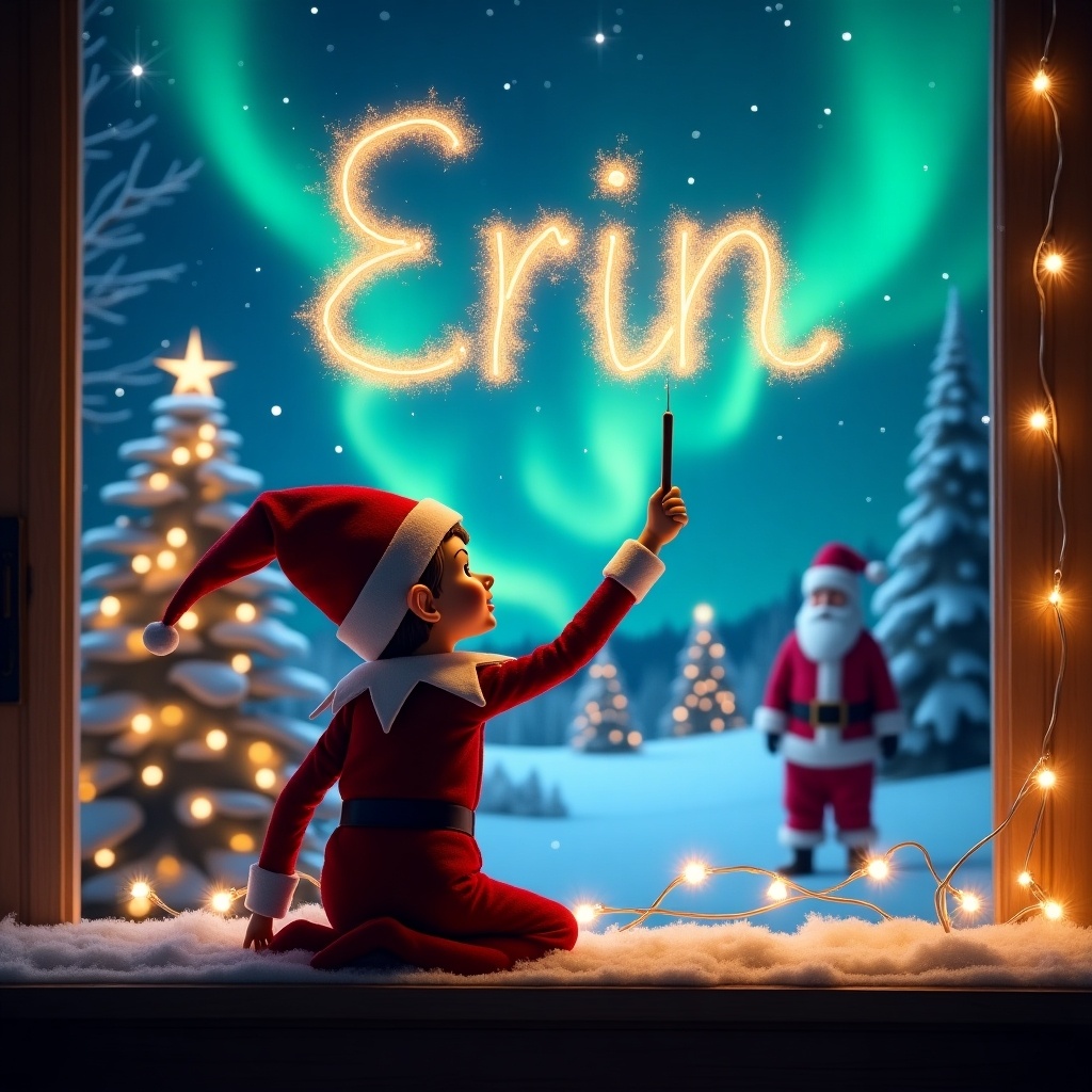 An elf on the shelf facing a vibrant night sky. The elf uses a wand to write 'Erin' in sparkling letters. Background shows a magical Christmas scene with snow-covered trees and Santa Claus. The atmosphere is filled with holiday magic.