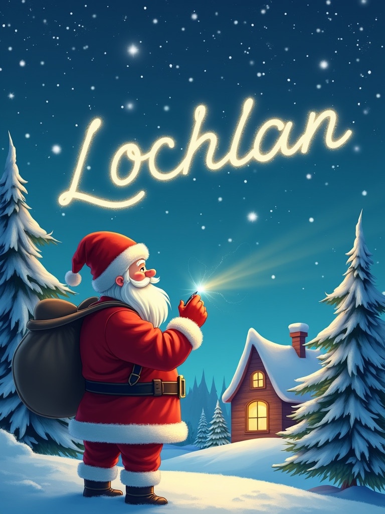 A Christmas scene features Santa Claus writing Lochlan in the sky. Santa uses a glowing pen in a snowy landscape. The scenery includes trees and a cozy house.