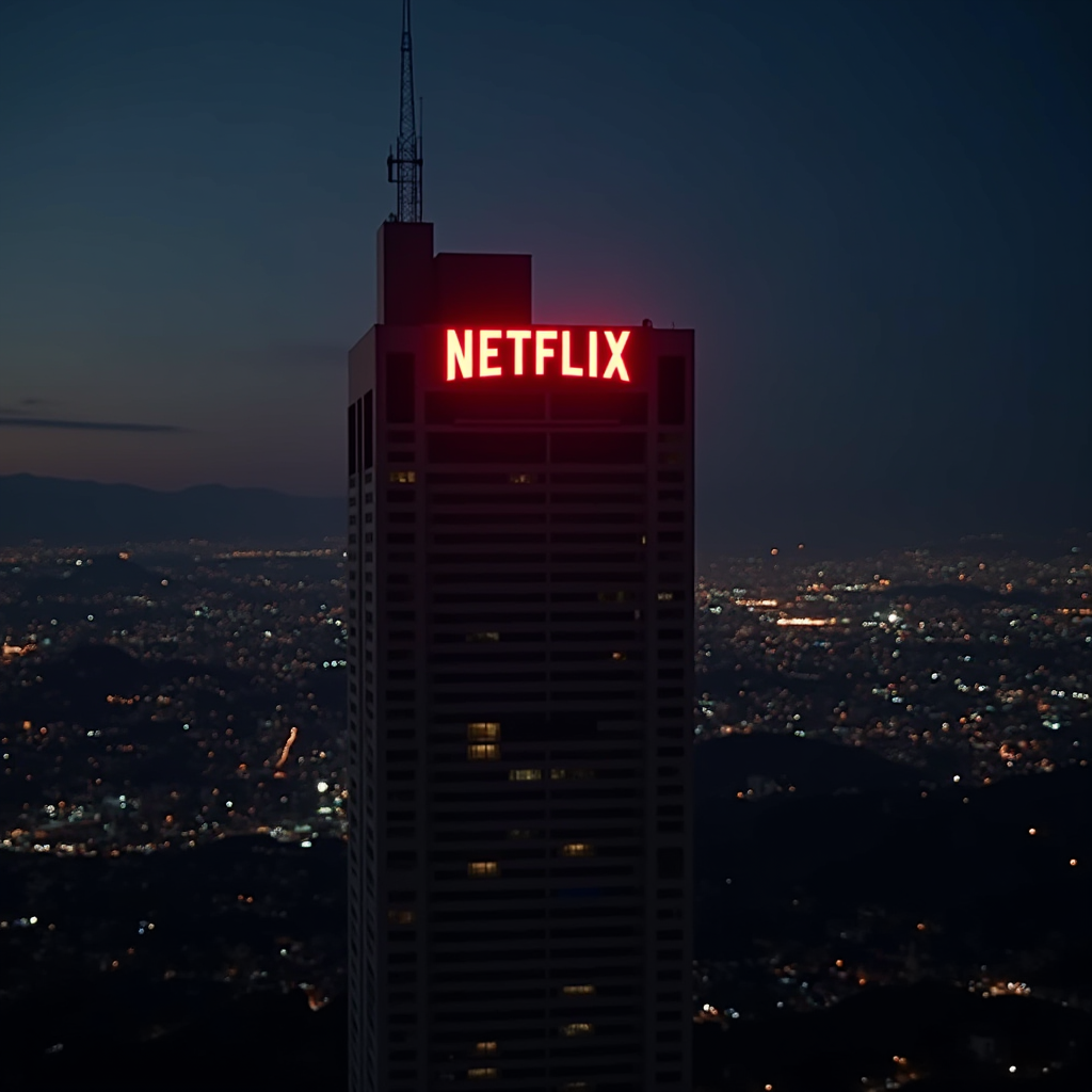 A tall tower with a bright red 'Netflix' sign is illuminated against a backdrop of city lights at dusk.