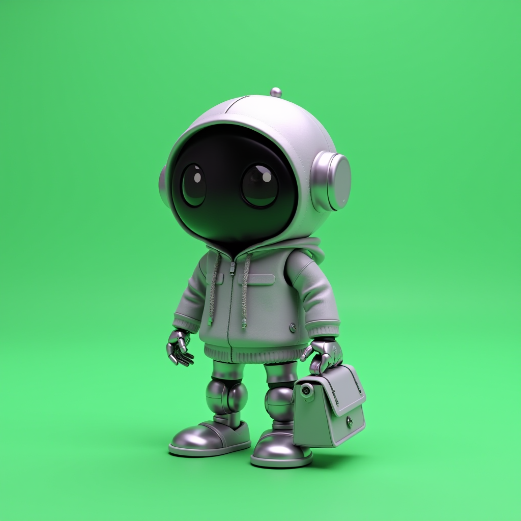 A cute robot with a shiny head and mechanical limbs is wearing a hoodie and holding a small bag against a bright green background.