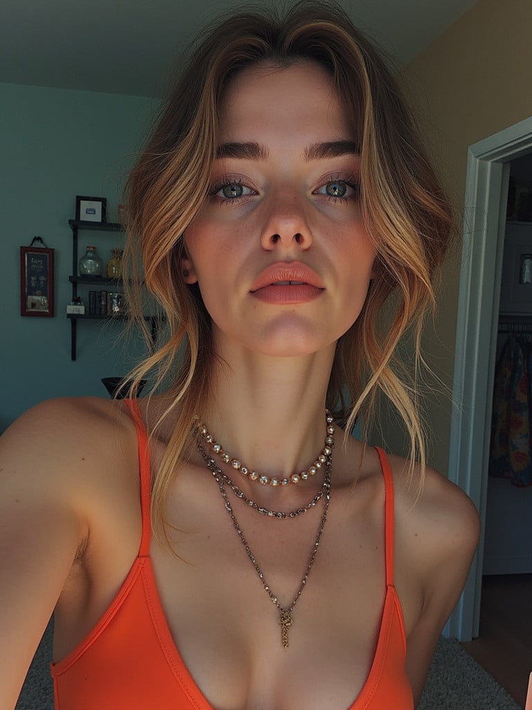 Model showing layered necklaces wearing an orange top. Casual home setting in background.