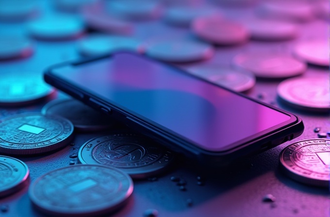 A smartphone rests on a surface covered with various coins, illuminated by neon pink and blue light.