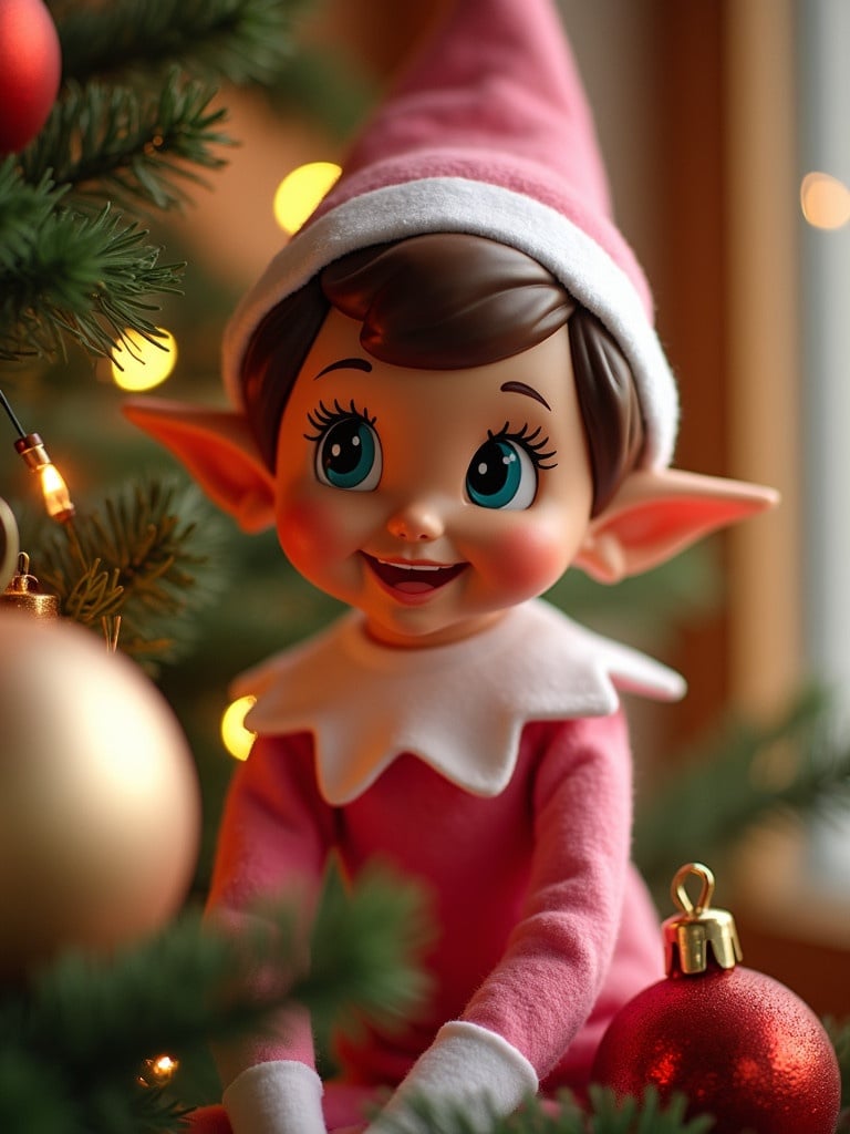 A cheerful elf on the shelf named Ophelia dressed in a pink outfit with a white collar and hat. Surrounded by festive decorations creating a warm holiday atmosphere. The elf evokes feelings of joy and nostalgia. Soft lighting highlights vibrant colors of decorations including shiny ornaments and greenery. This scene captures the essence of Christmas spirit.