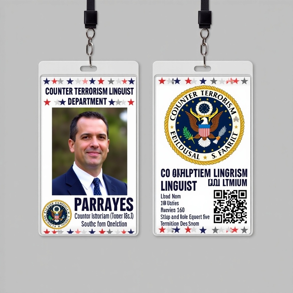 This image showcases a novelty ID badge designed for an employee of the Counter Terrorism Linguist Department within the United States government. The badge features the individual's photo and the department name prominently displayed. It incorporates colors and symbols that reflect U.S. government aesthetics. The title 'Counter Terrorism Linguist' is clearly highlighted, emphasizing the role. This ID badge is ideal for fans of federal service and counterterrorism themes, making it suitable for roleplaying or as a humorous gift.