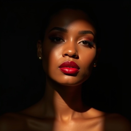 Mesmerizing portrait of a semi-chubby woman from Trinidad. Soft light and shadow create an elegant composition. Flawless skin glows as warm sunlight highlights facial contours. Rich red lips contrast nicely with the natural complexion. Deep black background enhances the scene's dramatism.