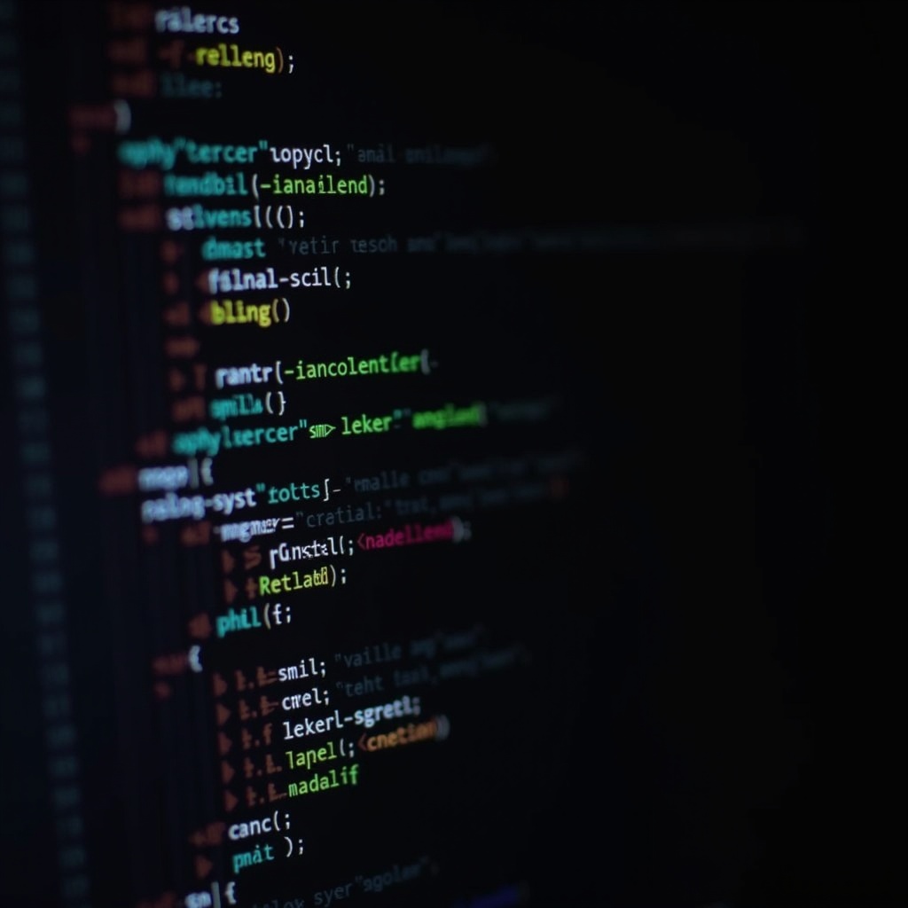 The image displays lines of code on a dark background, creating a moody atmosphere typical in programming environments. Colorful text stands out, showcasing various aspects of coding and software development. The focus is slightly blurred, giving depth to the subject while hinting at complexity. The code appears structured, reflecting common programming languages. This visual captures the essence of technical work in a modern tech setting.