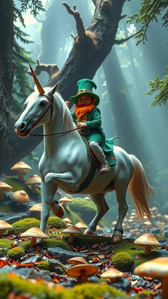 In this enchanting image, a cheerful leprechaun rides atop a magnificent unicorn in a mystical forest setting. The forest floor is dotted with vibrant mushrooms, and rays of sunlight filter through the towering trees, creating a magical ambiance. The leprechaun, dressed in traditional green attire with a bright orange beard, adds to the mythical feel of the scene.