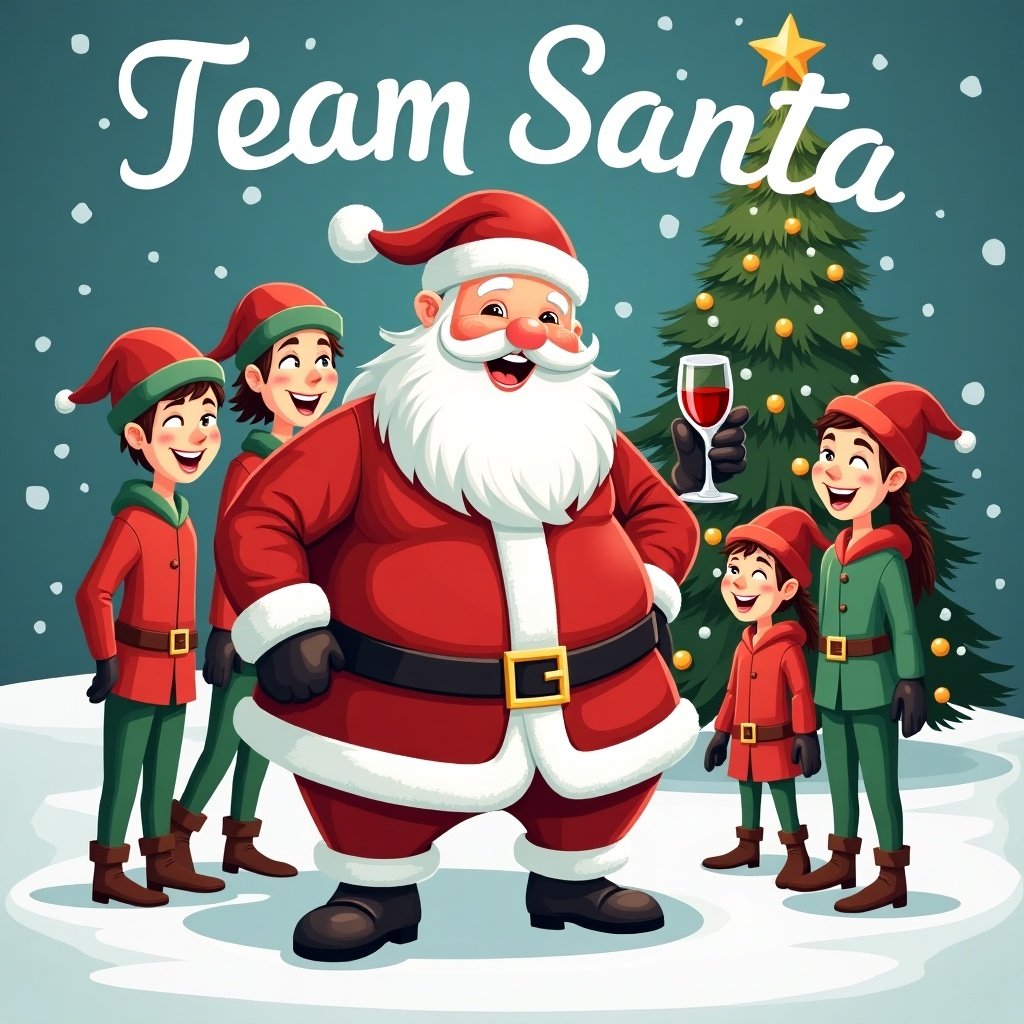 Illustration of Santa Claus surrounded by elves with a glass of red wine. Snowy setting with Christmas tree and the words Team Santa Tony 2024.