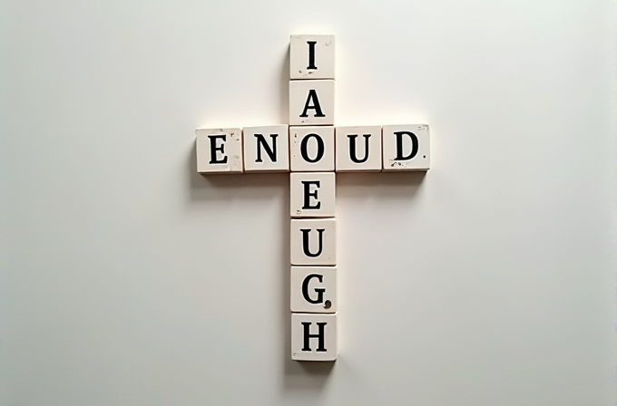 A cross-shaped arrangement of wooden tiles displaying the words 'ENOUGH' horizontally and vertically.