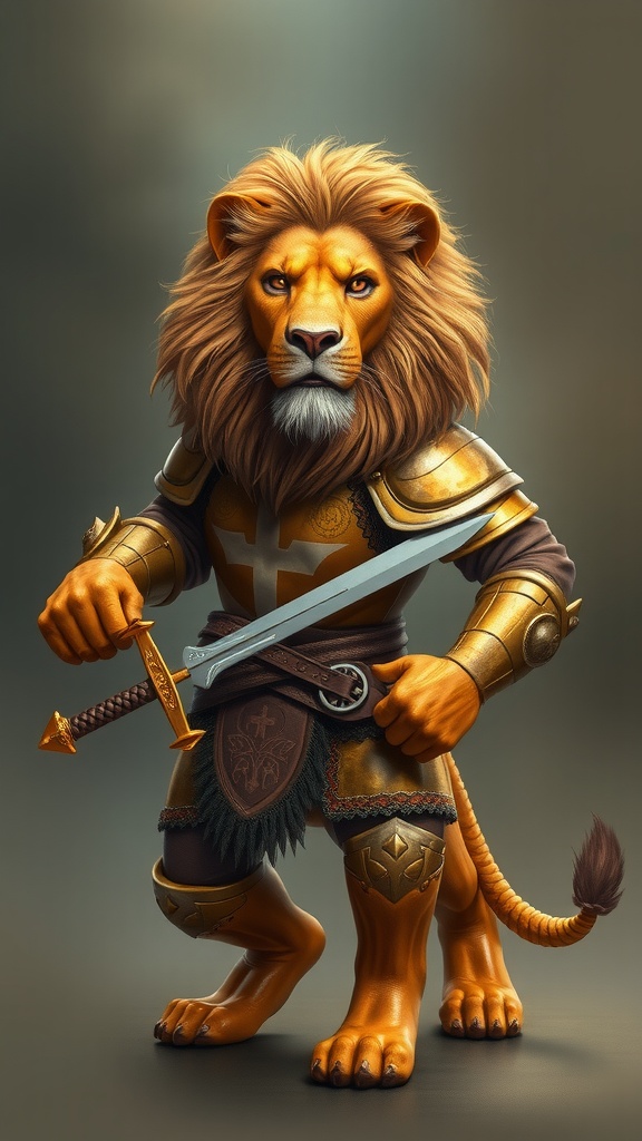 This image features a majestic, anthropomorphic lion adorned in elaborate knight armor. The lion stands confidently, clutching a gleaming sword, exuding a sense of bravery and nobility. The background is a soft gradient, drawing attention to the detailed textures of the armor and the proud, regal expression of the lion.