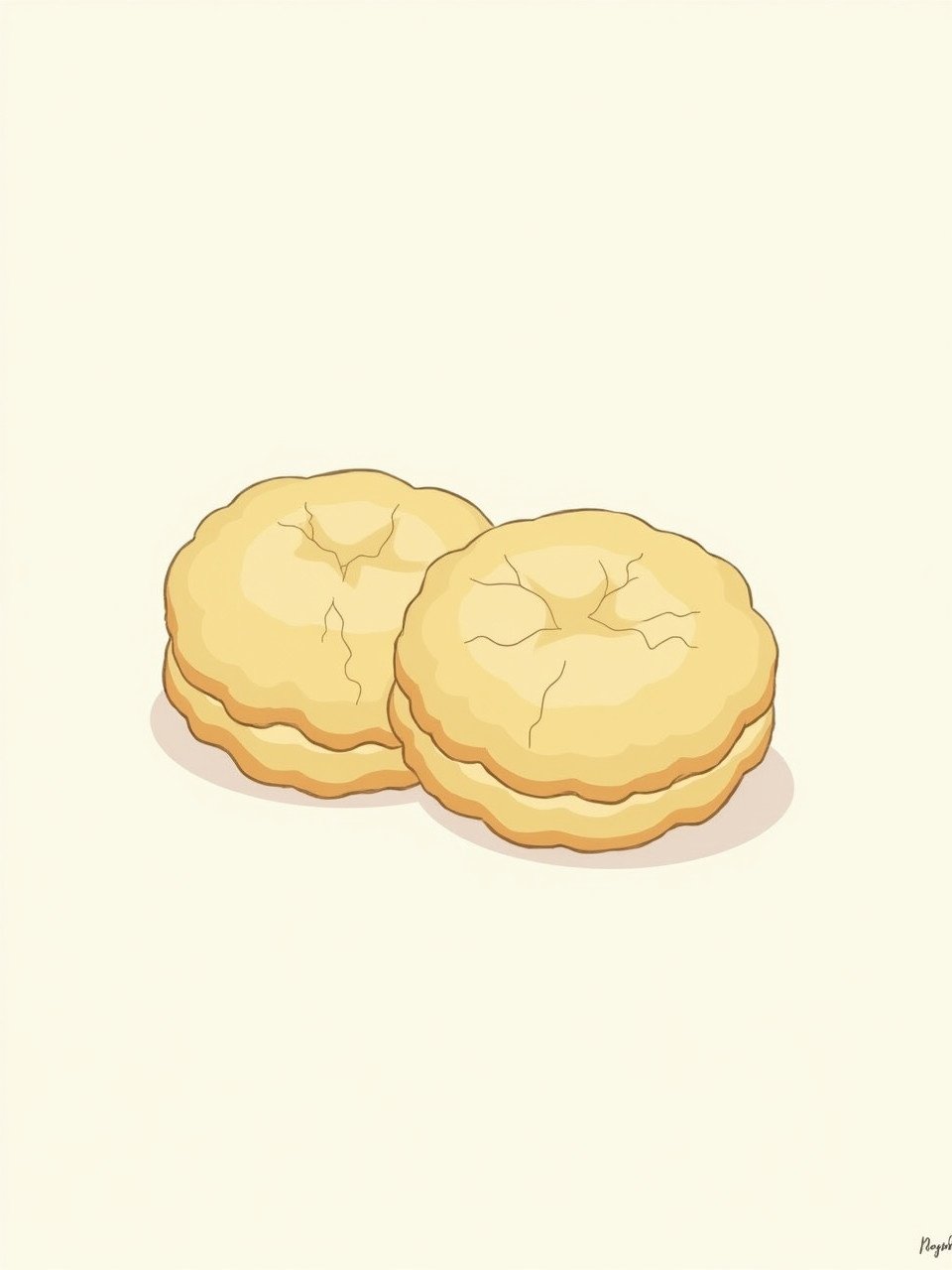 Illustration features two amaretti cookies. They have a rounded shape with smooth surface and cracks. Drawn with bold outlines. Focus is on the classic almond texture of the cookies. Simple design for easy coloring.