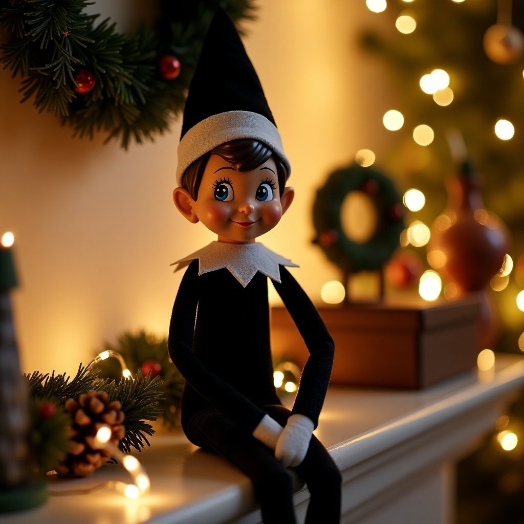 The image shows a Christmas elf named Dominik sitting on a mantel. The elf wears a black outfit and gray collar. The background features festive elements like wreaths and Christmas lights. The setting conveys a warm holiday atmosphere.