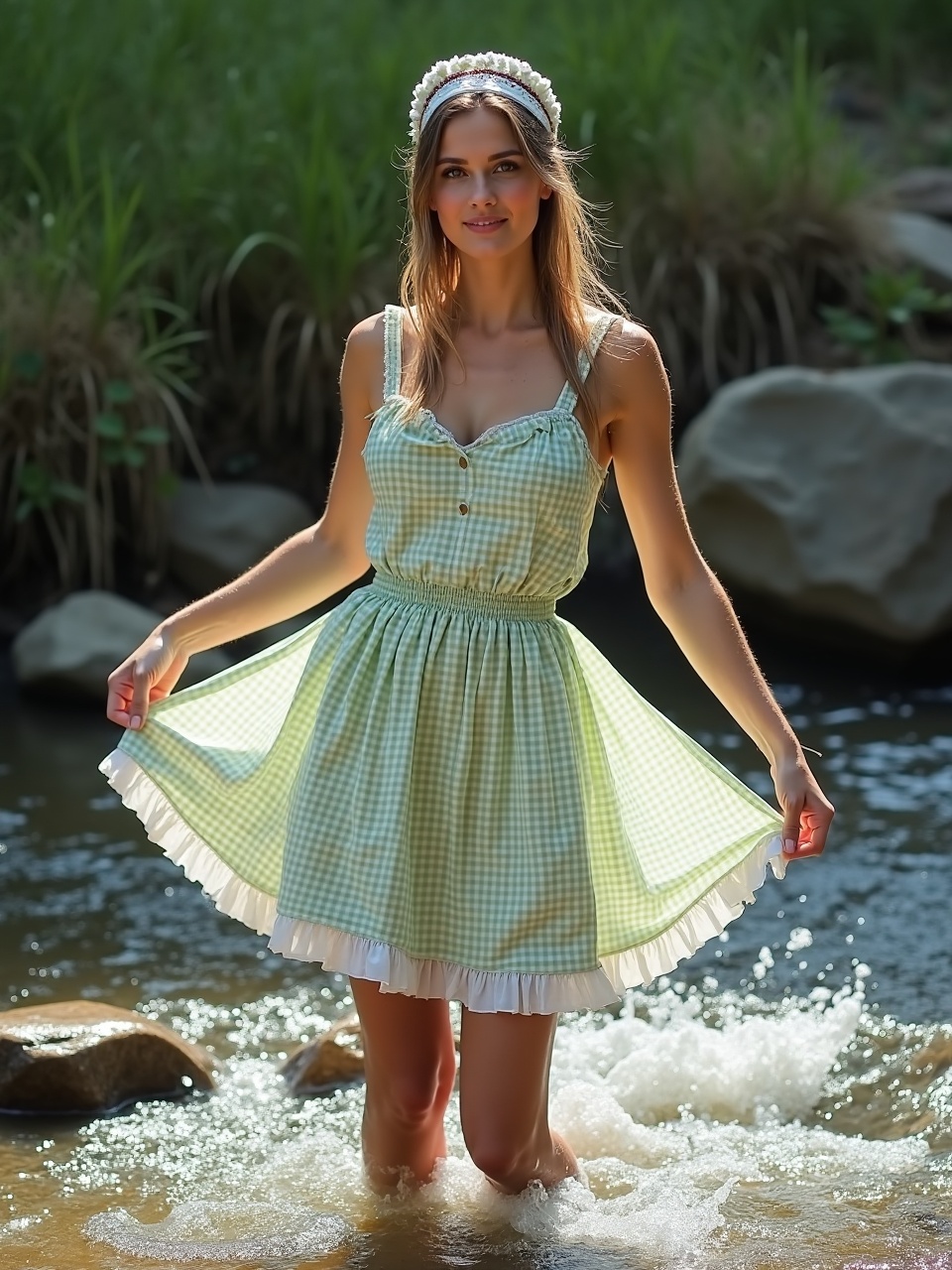 A young woman stands serenely in a shallow stream, wearing a gingham dress and a matching headband. The scene captures her gently lifting the hem of her dress as the sunlight filters through the lush greenery, casting a warm glow on her and the rippling water around her feet. The natural, peaceful setting complements her tranquil expression, evoking a sense of calm and nostalgia.