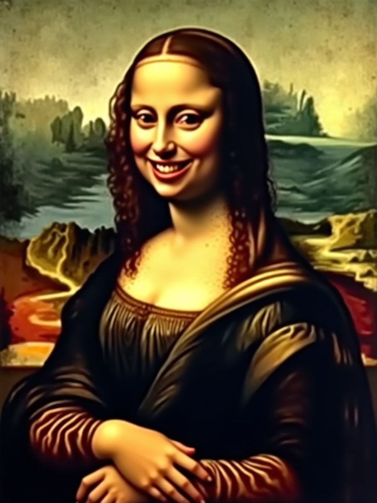 Mona Lisa with an evil laugh expression. Detailed depiction of her signature pose and clothing style while enhancing an evil laugh character. Keep the classic background and color scheme of the original painting.