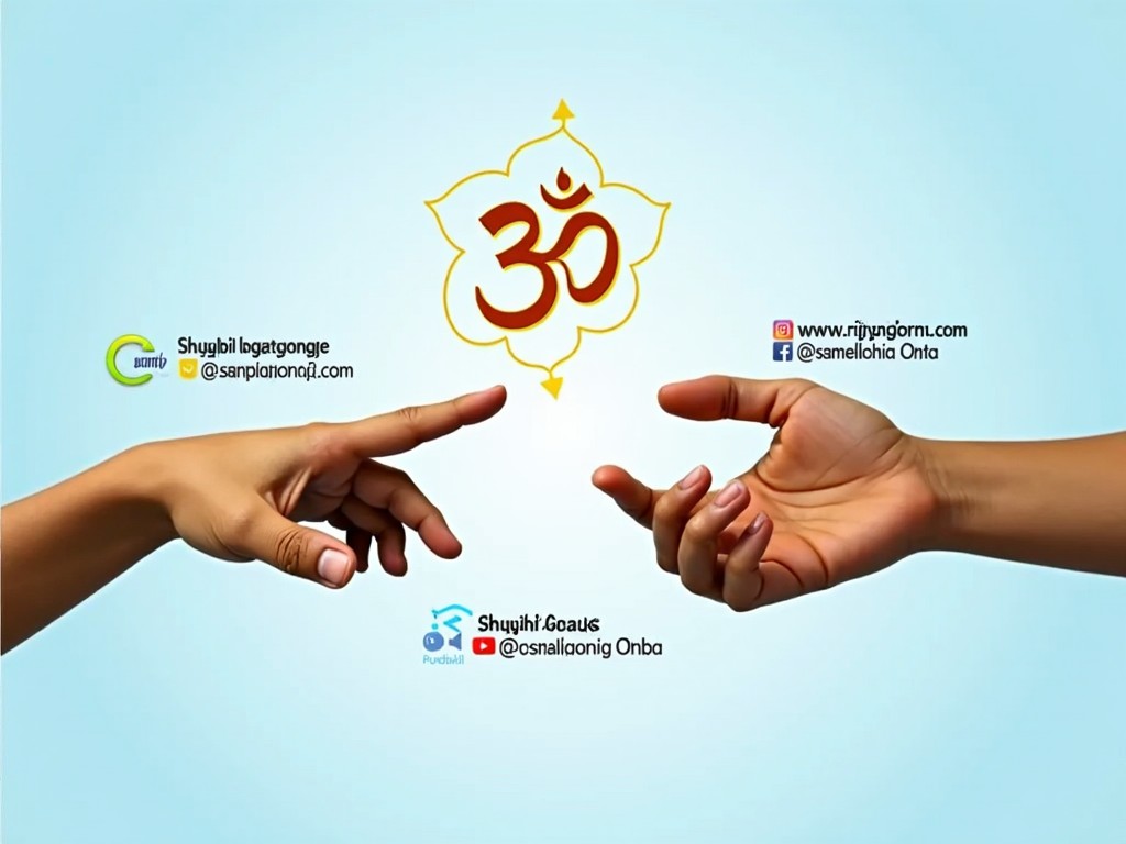 The image features two hands reaching out towards each other, reminiscent of a famous art depiction. A prominent 'Om' symbol is placed above the hands, indicating a spiritual or religious context. The background is a soft blue, giving a calm and serene feeling. Text in Malayalam is placed below and above the hands, conveying a spiritual or philosophical message. The design appears to promote harmony and connection, with social media handles visible in between the hands.