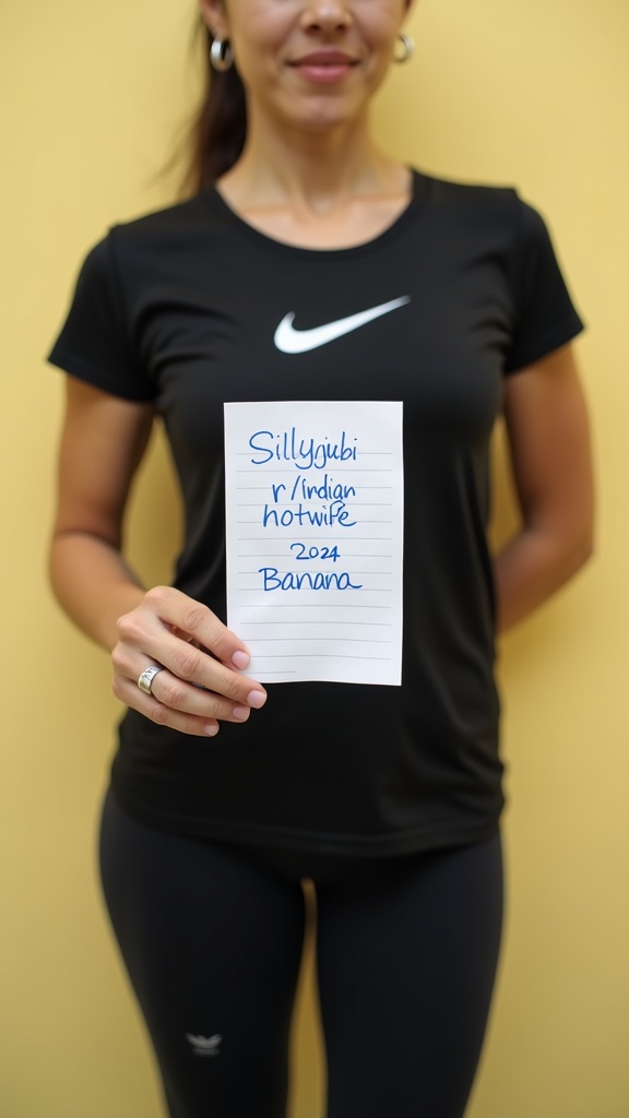 The image features a woman in a black Nike sports outfit holding a handwritten sign in front of her torso. The background is a soft yellow, providing a warm contrast to her attire. The visible text on the note suggests a personal statement, adding an element of intrigue to the photograph.