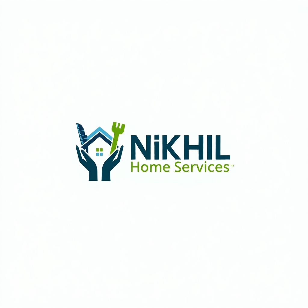 Logo design for Nikhil Home Services. Features a house and hands. Color scheme includes blue and green.