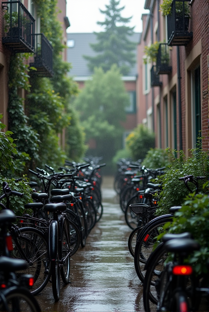 A narrow alley filled with parked bicycles on a rainy day, lined with plants and brick buildings.