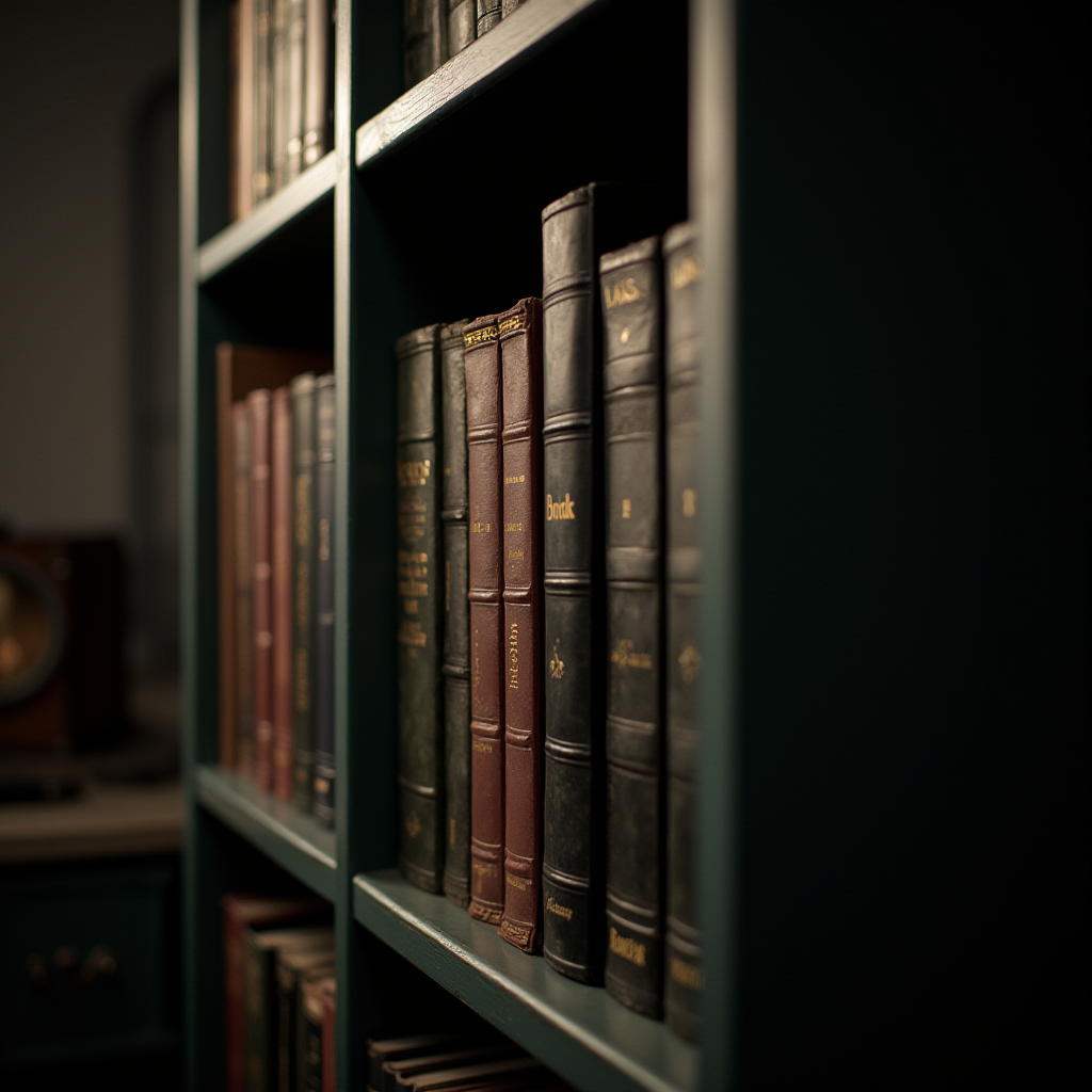 A close-up view of a bookshelf filled with leather-bound books of various colors, featuring intricate gold embossing on their spines.