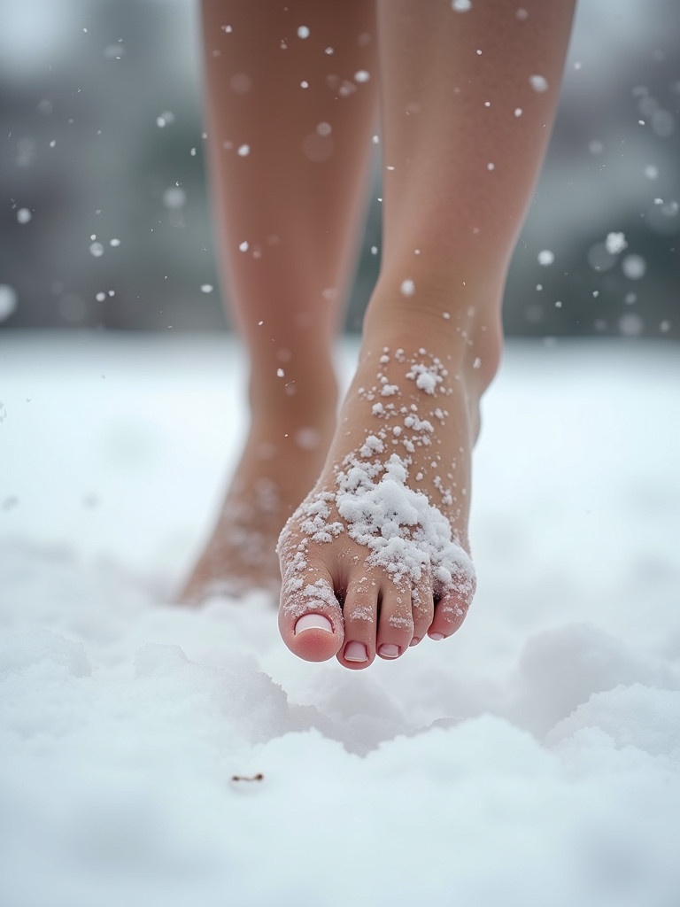 Close-up of female bare feet stepping and dancing in fluffy snow. Snowflakes falling around the feet. Focus on toes and movement in winter landscape.