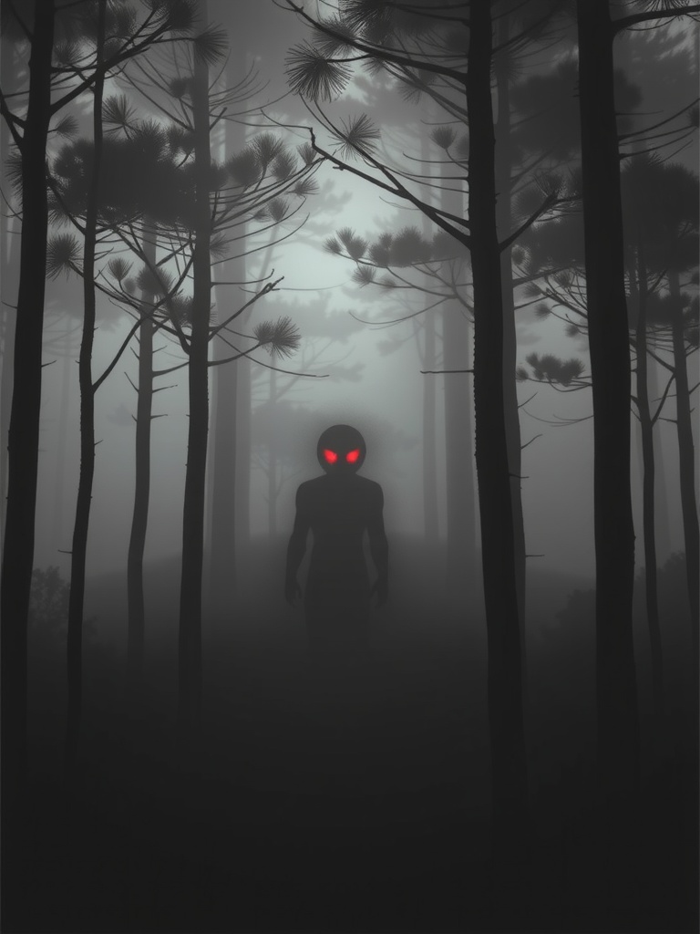 In a dimly lit forest scene, an enigmatic silhouette stands ominously among the trees. The red glowing eyes of the figure pierce through the foggy, ethereal landscape, creating a sense of intrigue and suspense. The mist envelops the environment, making the tall, slender trees appear hauntingly majestic.