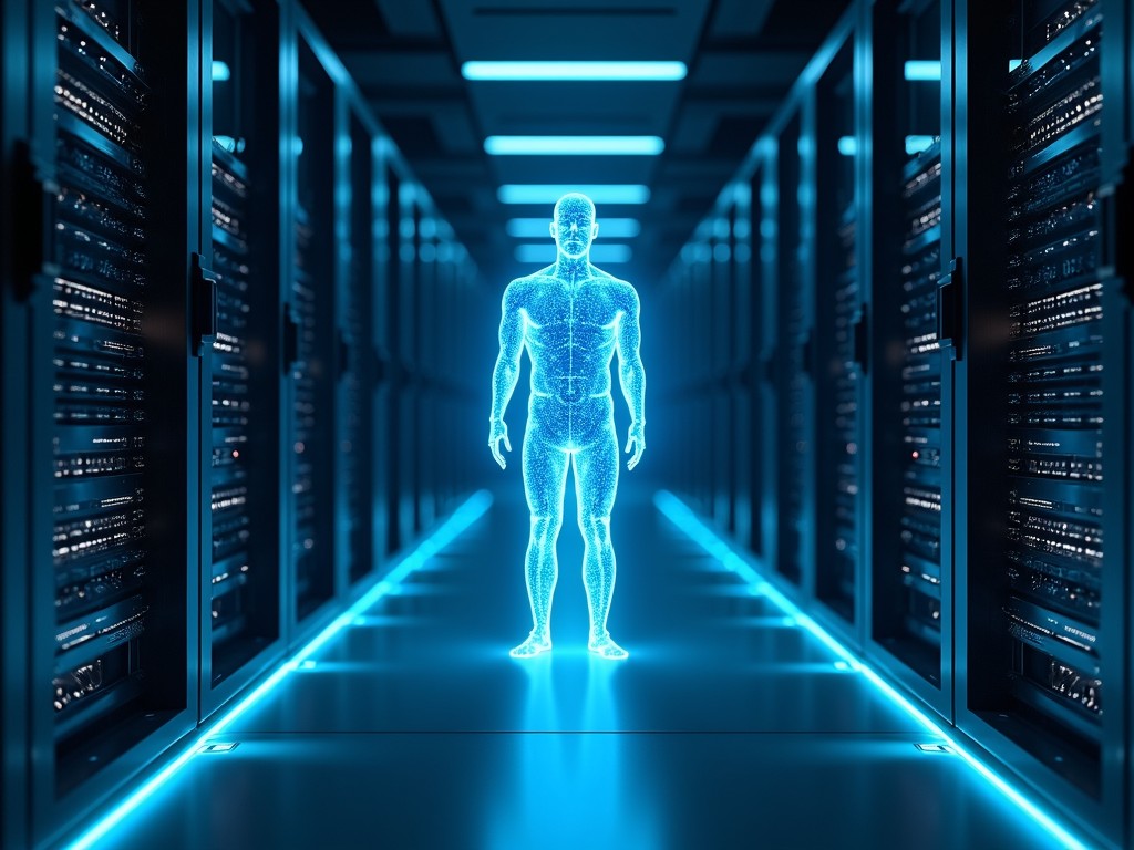 A luminous digital figure stands in the middle of a cutting-edge server room, surrounded by towering racks and neon blue lights. The setting is futuristic, emphasizing themes of artificial intelligence and digital reality. The vivid holographic character evokes a strong sense of advanced technology and data security.