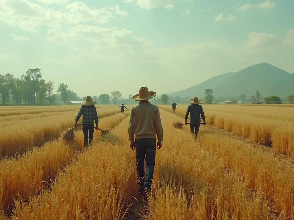 Several people are walking through a golden wheat field, carrying bundles, with mountains and trees in the background.