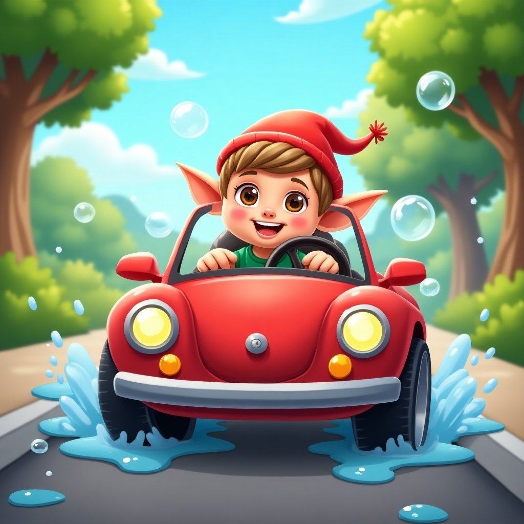 Elfy's car wash scene. Elf character driving a red convertible in a cheerful setting with bubble effects and trees.