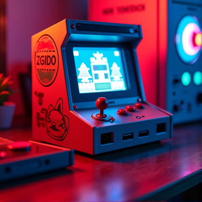 A retro-style mini arcade machine with colorful lighting stands on a wooden desk, featuring a pixelated game on the screen and vibrant controls.