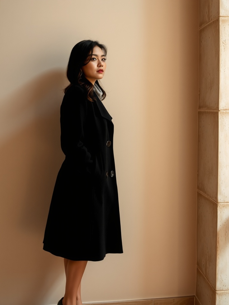 A woman in a black coat stands thoughtfully by a light-colored wall.