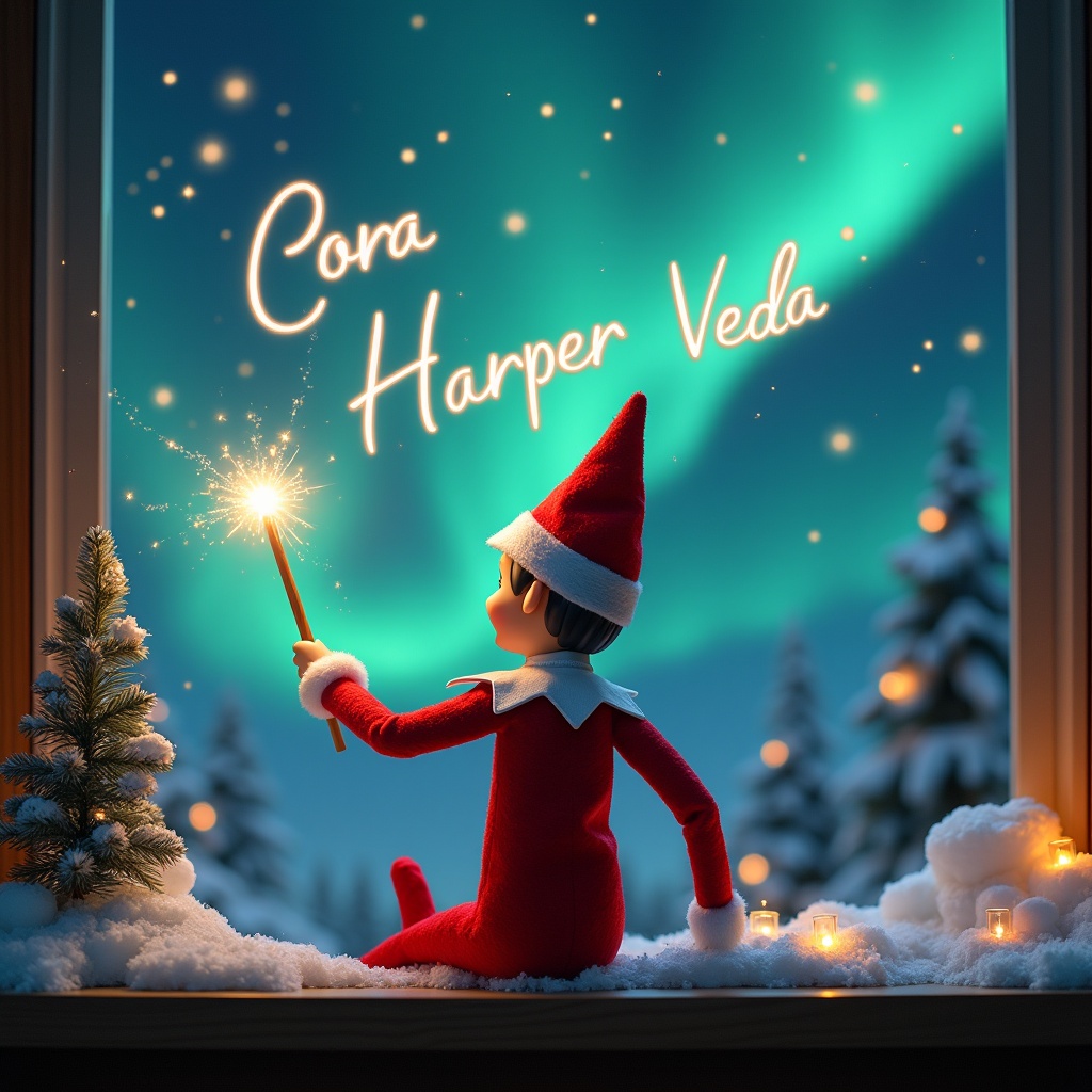 An enchanting Christmas scene features an elf on the shelf. The elf, wearing a traditional red and white suit, faces the night sky with a magic wand. He writes names—Cora, Harper, Veda—in glowing script above him. The backdrop is filled with the vibrant colors of the northern lights. Snow-covered trees and warm candlelight add to the festive feel. This whimsical setting captures the joy and spirit of the holiday season.