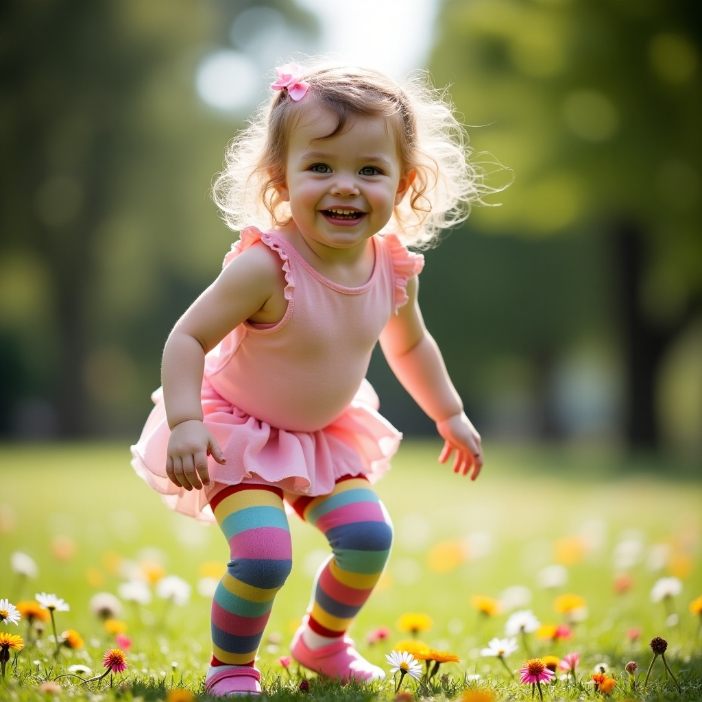 Toddler girl playing outdoors surrounded by flowers. Wearing pantyhose and a pink outfit. Vibrant and colorful scene.