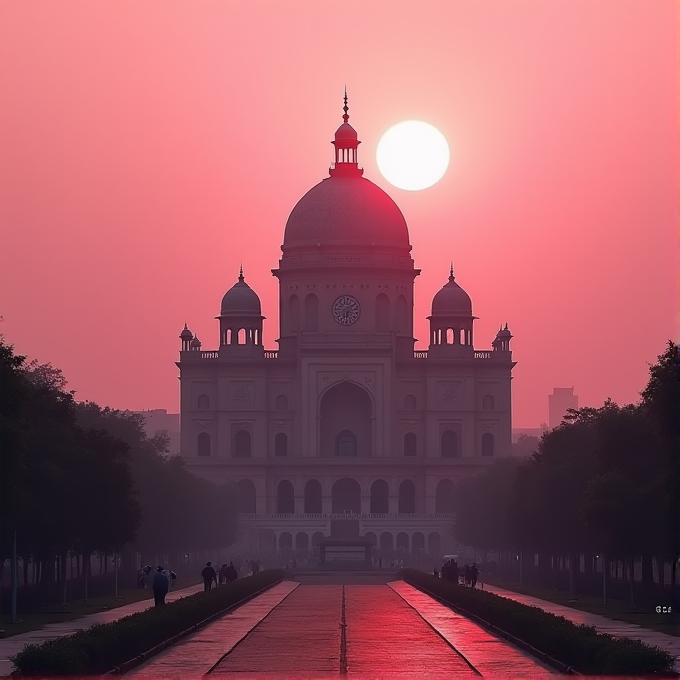 A grand architectural building stands silhouetted against a vibrant pink and orange sunset, with a glowing sun positioned directly behind its central dome.