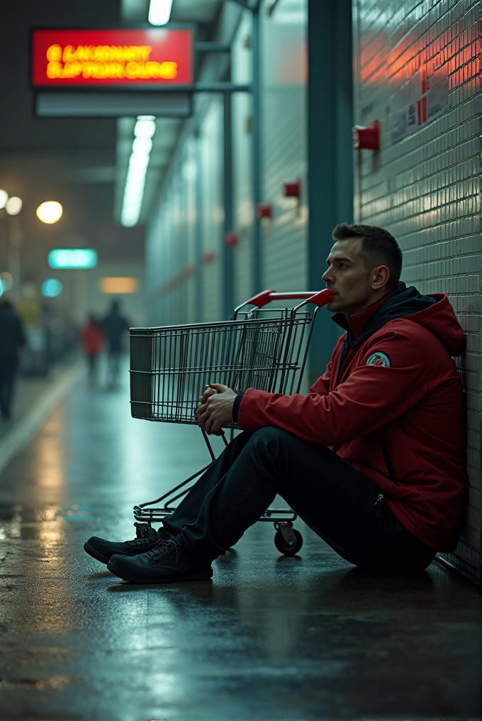 A man in a red jacket sits on the ground with a shopping cart, reflecting quietly in a well-lit, empty corridor.