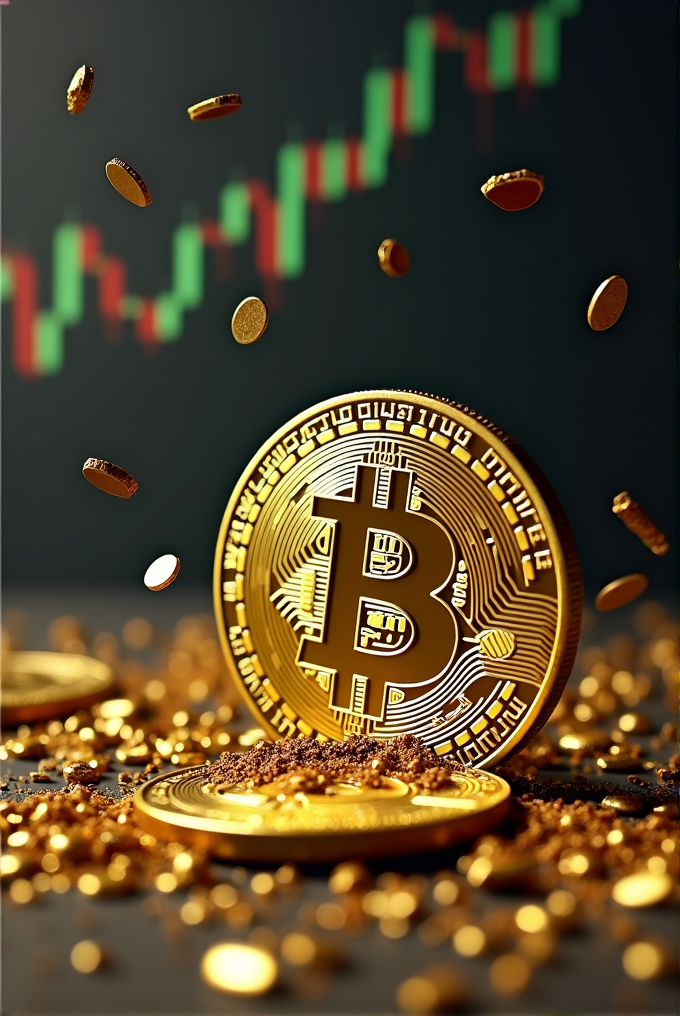 A graphic representation of a Bitcoin surrounded by gold coins with a stock market chart in the background.