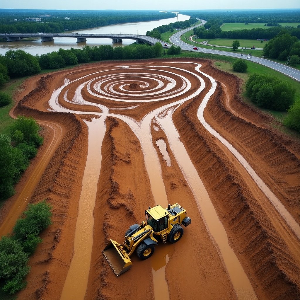 Drone photograph captures an aerial view of a construction site featuring a bulldozer. Wet muddy ground forms circular patterns. Green trees surround the area and a river runs in the distance.